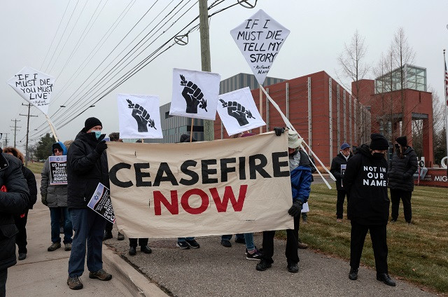 jewish voice for peace members and supporters hold a rally calling for a ceasefire in gaza outside the zeckelman memorial holocaust museum in farmington hills michigan us on december 22 2023 photo reuters