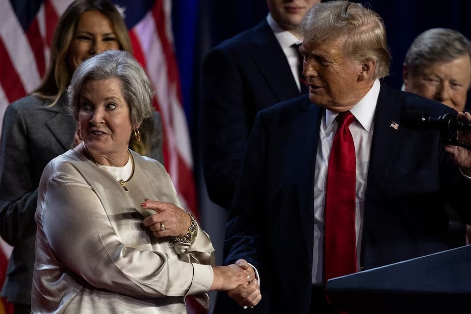 us president donald trump shakes hands with his senior advisor susie wiles as he speaks following early results from the 2024 us presidential election in palm beach county convention centre in west palm beach florida on november 6 2024 photo reuters