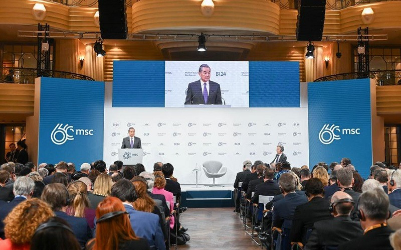 Chinese Foreign Minister Wang Yi delivers a keynote speech at the ongoing Munich Security Conference in Munich, Germany, Feb. 17, 2024. PHOTO: XINHUA