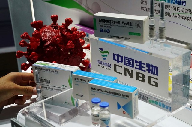 a booth displaying a coronavirus vaccine candidate from china national biotec group cnbg a unit of state owned pharmaceutical giant china national pharmaceutical group sinopharm is seen at the 2020 china international fair for trade in services ciftis following the covid 19 outbreak in beijing china september 4 2020 photo reuters