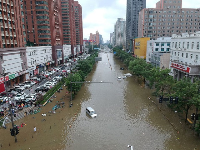 An aerial view shows a flooded road section following heavy rainfall in Zhengzhou, Henan province, China July 21, 2021.. PHOTO: REUTERS