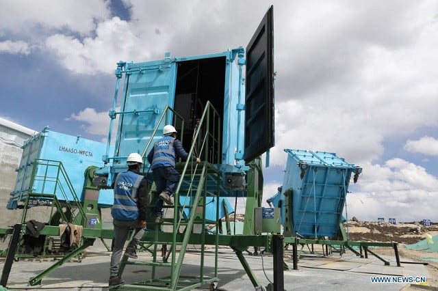 file photo shows dr zhang shoushan front and a staff member conducting maintenance at china s large high altitude air shower observatory lhaaso in daocheng southwest china s sichuan province april 28 2019 photo xinhua