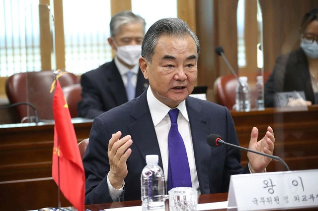 chinese foreign minister wang yi speaks during a meeting with his south korean counterpart chung eui yong at foreign ministry in seoul south korea september 15 2021 photo reuters