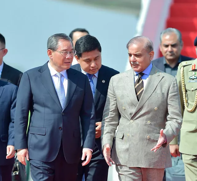 pm shehbaz sharif welcomes chinese prime minister li qiang in islamabad on monday photo pid pm shehbaz sharif welcomes chinese prime minister li qiang in islamabad on monday photo pid