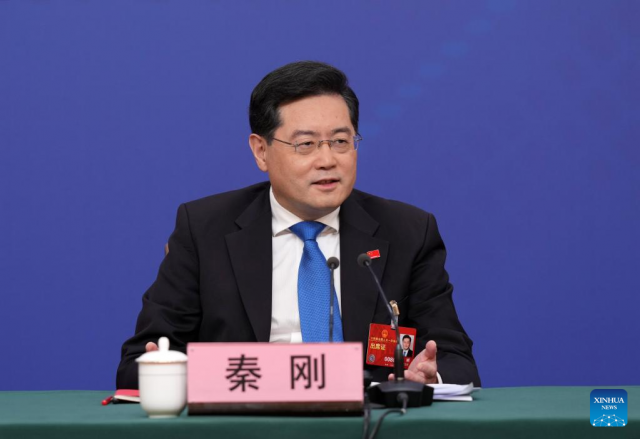 chinese foreign minister qin gang attends a press conference on china s foreign policy and foreign relations on the sidelines of the first session of the 14th national people s congress npc in beijing capital of china march 7 2023 photo xinhua