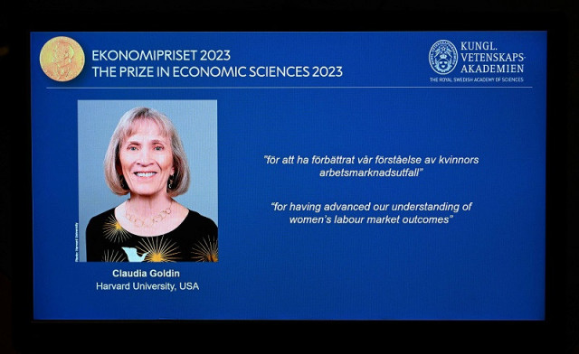 the winner of the 2023 prize in economic sciences economist claudia goldin is seen on a display during a press conference at the royal swedish academy of sciences in stockholm sweden on october 9 2023 photo reuters the winner of the 2023 prize in economic sciences economist claudia goldin is seen on a display during a press conference at the royal swedish academy of sciences in stockholm sweden on october 9 2023 photo reuters