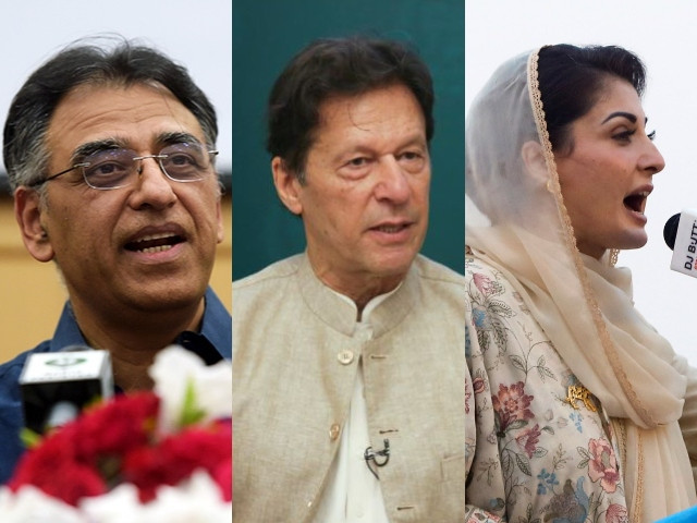 pti general secretary asad umar l pti chief imran khan c and pml n vice president maryam nawaz r