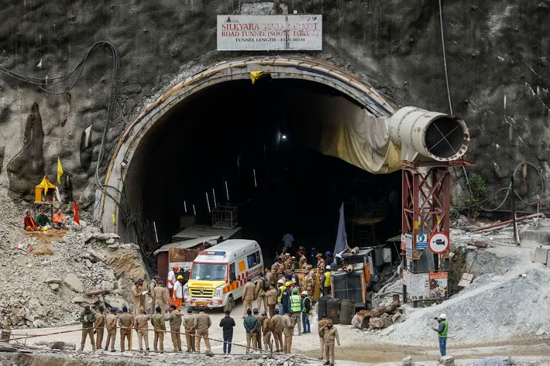 An ambulance goes inside a tunnel where rescue operations are underway to rescue trapped workers in Uttarakhand, India, November 28, 2023. PHOTO: REUTERS