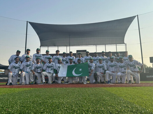 pakistani baseball team players gesture for a group photograph during the united arab classic baseball championship in dubai on november 10 2024 photo courtesy pakistan baseball federation