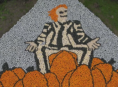 watch beetlejuice inspired artwork crafted from 10 000 pumpkins in uk