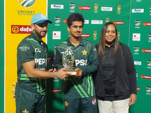 salman ali agha gives his player of the match award to saim ayub courtesy pcb