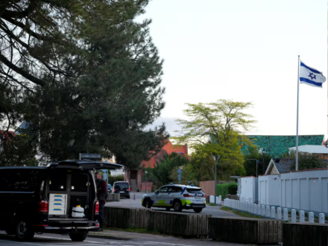 A police vehicle is seen as police officers investigate two blasts near the Israeli embassy in Copenhagen, Denmark, October 2, 2024. Ritzau Scanpix/via REUTERS