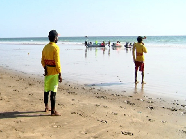 Bay Watch: Lifeguards perform their duties on a beach in Karachi. Photo: Express