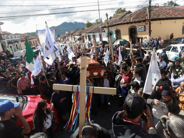 people carry the coffin with the body of priest marcelo perez through the streets in san cristobal de las casas where was he killed on sunday after officiating a mass in san cristobal de las casas in the southern state of chiapas mexico october 20 2024 reuters gabriela sanabria