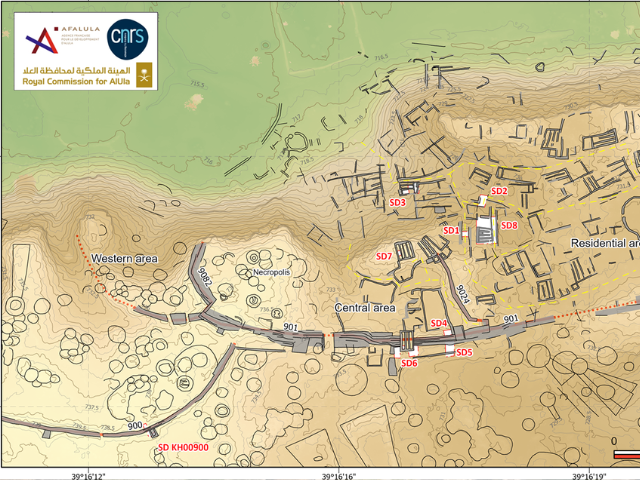 Map of the al-Natah site, with plan of the architectural features identified on the surface (black lines), reconstructions (grey lines) and layout of the rampart (dashed red line). (CREDIT: PLOS One)