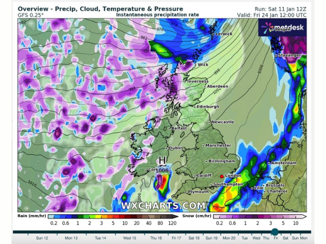 A projected weather map shows more snow on the way on January 25 ( Image: WXCharts)