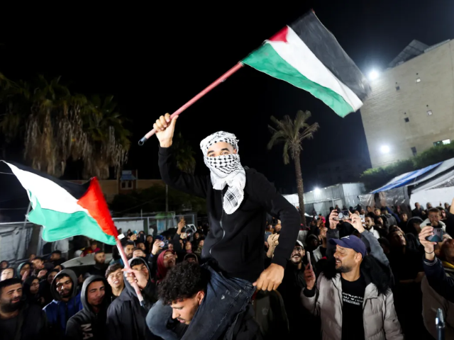 A man waves a Palestinian flag in Deir el-Balah in the central Gaza Strip. [Ramadan Abed/Reuters]