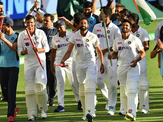 the indian team celebrates its victory in the fourth test at the gabba photo reuters the indian team celebrates its victory in the fourth test at the gabba photo reuters