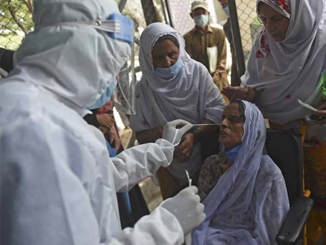 a health official takes a swab sample from an elderly woman to test for covid 19 photo afp