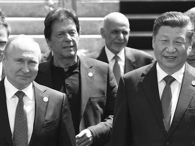 president vladimir putin prime minister imran khan and president xi jinping at the sco photo afp