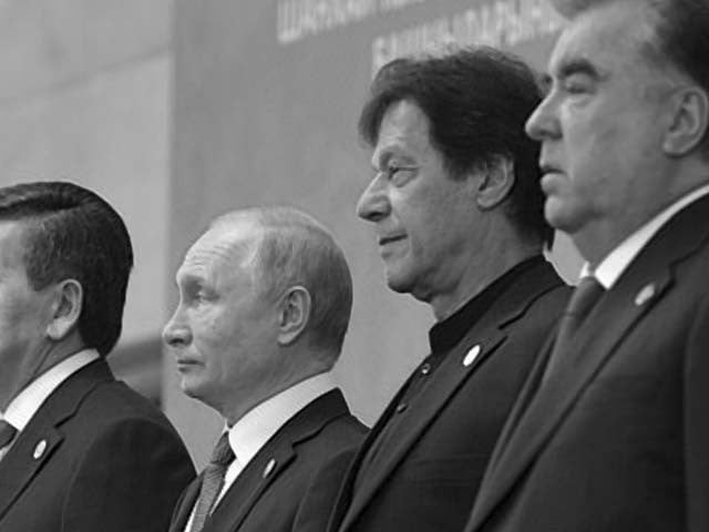 vladimir putin and imran khan pose for a photo before a session of the heads of state council of the sco photo afp