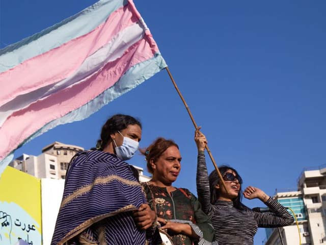 sarah gill a trans activist stands on stage with other members of the trans community at the aurat march photo afp