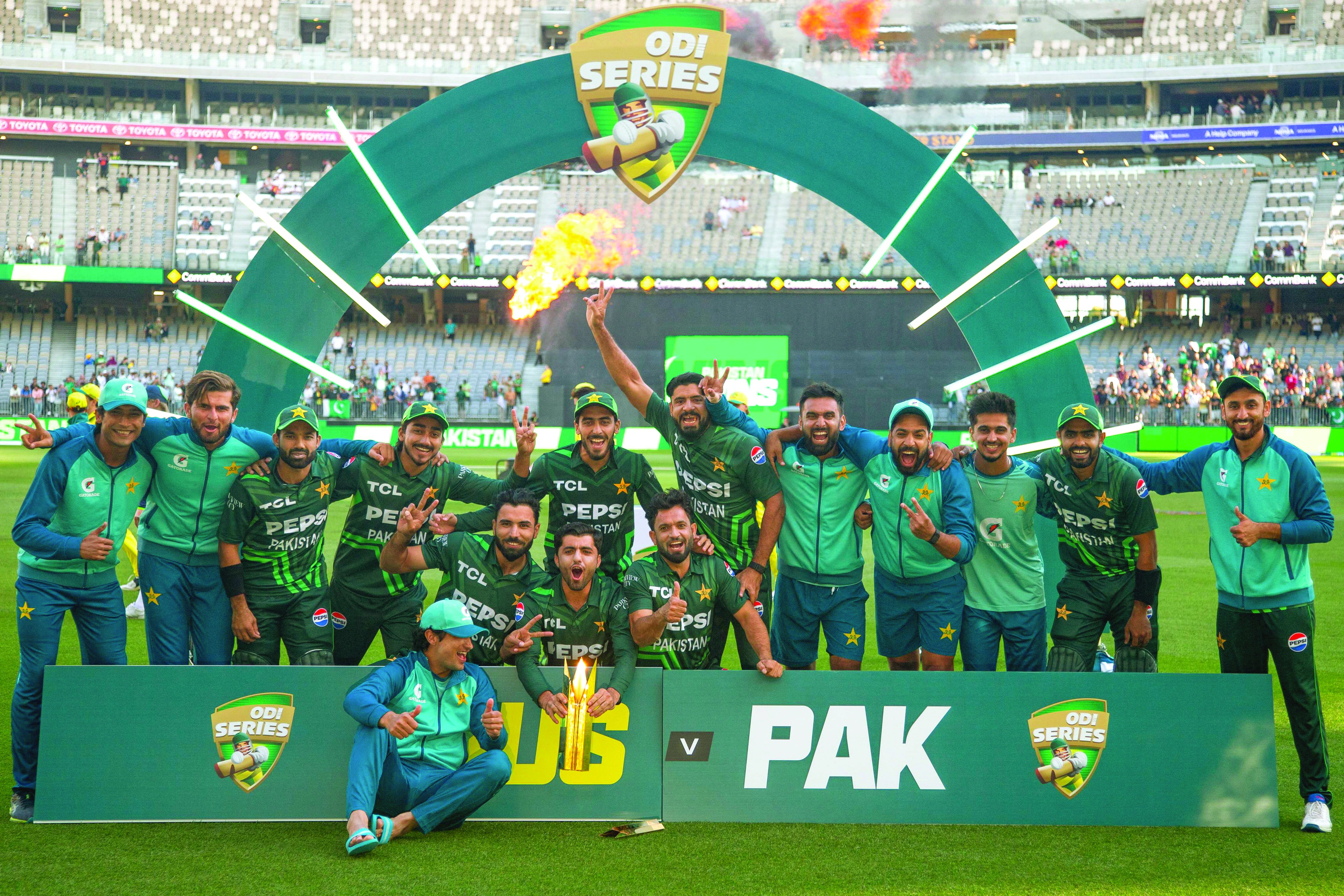 pakistani players celebrate after their victory in the third odi match against australia at perth stadium on november 10 2024 photo afp