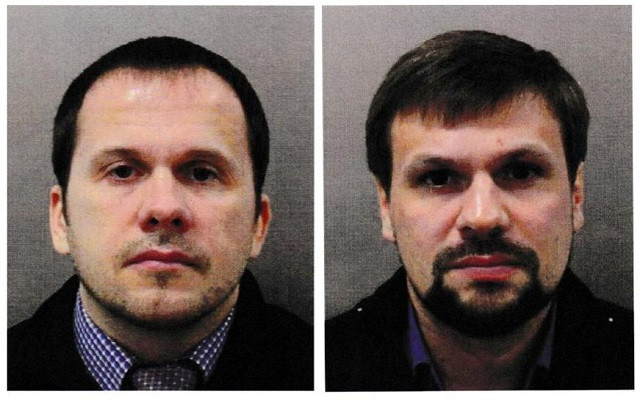 Two men using the aliases Alexander Petrov and Ruslan Boshirov, formally accused in Britain of attempting to murder former Russian intelligence officer Sergei Skripal and his daughter Yulia in 2018, are seen in an image handed out by the Metropolitan Police in London, Britain, September 5, 2018. PHOTO: REUTERS