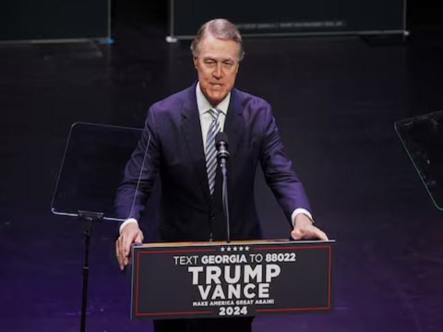 former us senator david perdue speaks at a campaign event for republican presidential nominee and former us president donald trump at the johnny mercer theatre civic center in savannah georgia on september 24 2024 photo reuters