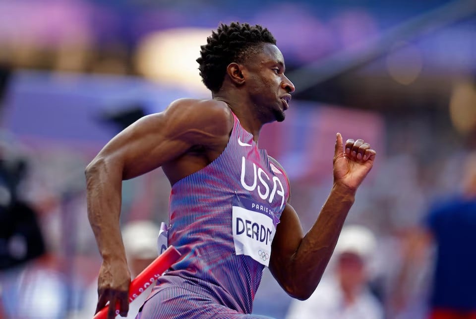 bryce deadmon of united states in action during heat 1 olympics athletics 4 x 400m relay mixed round 1 at stade de france saint denis france on august 02 2024 photo reuters