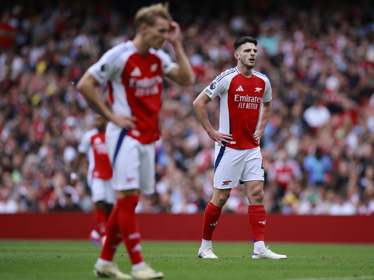 arsenal are without declan rice right and martin odegaard left for sunday s september 15 north london derby photo afp