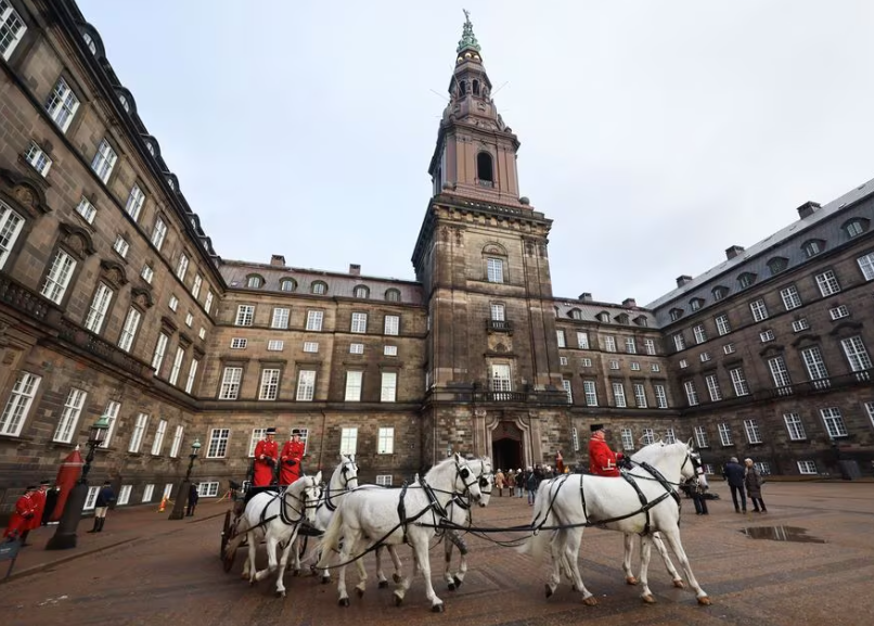 the danish royal horse guard trains with a proxy carriage for the upcoming coronation of denmark s crown prince frederik and his australian born crown princess mary in the yard of christiansborg palace in copenhagen denmark january 13 2024 reuters wolfgang rattay