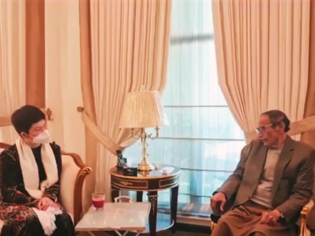 deputy head of mission of chinese embassy pang chunxue met with the pakistan muslim league quaid pml q leadership on sunday to discuss the current political situation screengrab