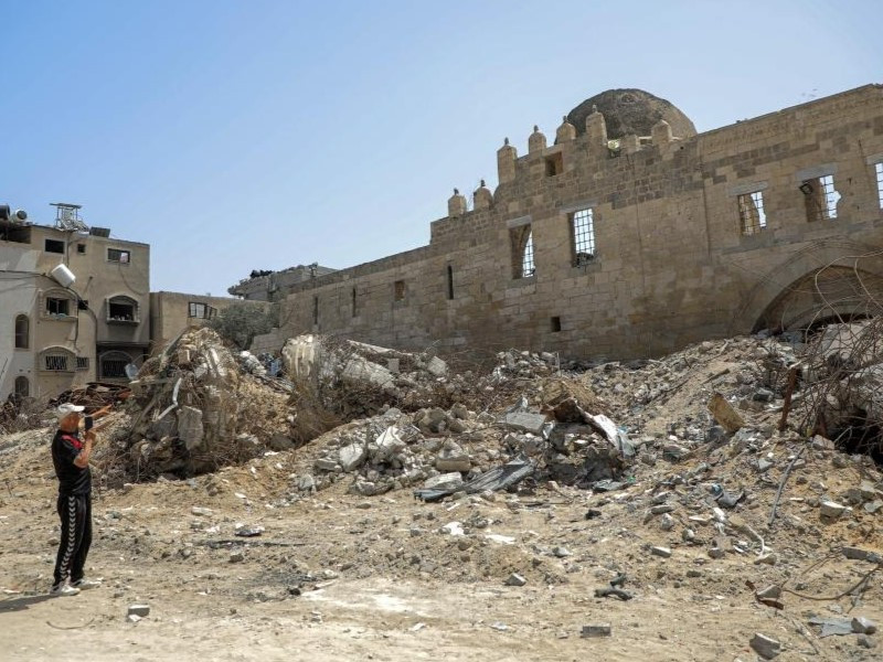 A Palestinian man inspects the historical site of Barquq Castle destroyed in the Gaza conflict in the southern Gaza Strip city of Khan Younis, on April 23, 2024. PHOTO: XINHUA