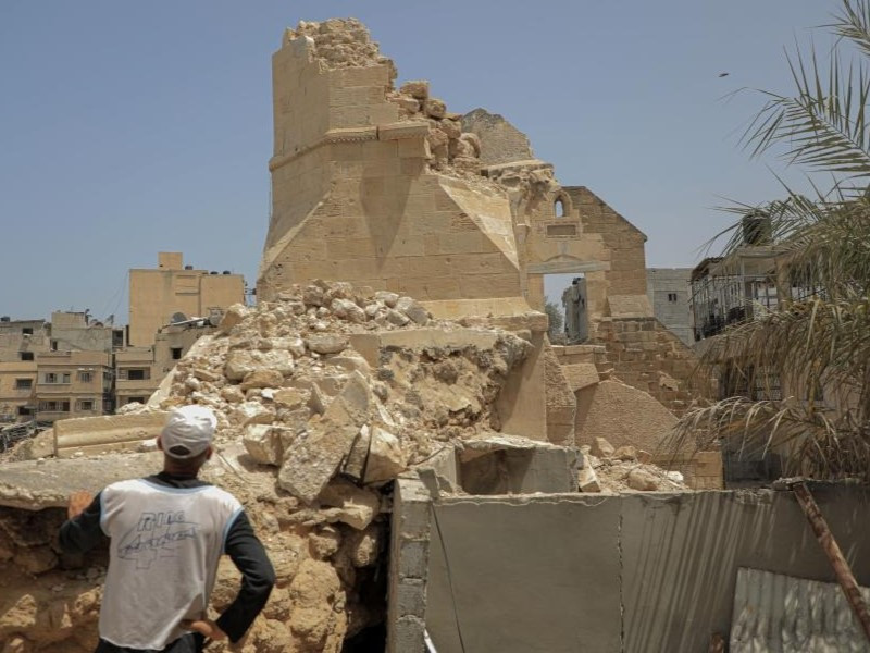 A Palestinian man inspects the historical site of Barquq Castle destroyed in the Gaza conflict in the southern Gaza Strip city of Khan Younis, on April 23, 2024. PHOTO: XINHUA