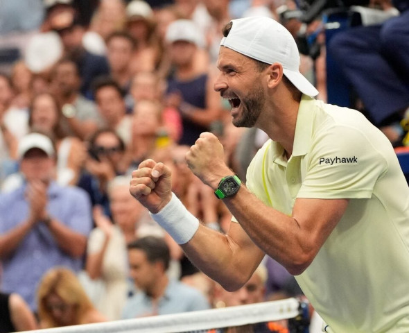 grigor dimitrov celebrates after beating andrey rublev on day seven of the 2024 us open tennis tournament at usta billie jean king national tennis centre in flushing ny usa on september 1 2024 photo reuters grigor dimitrov celebrates after beating andrey rublev on day seven of the 2024 us open tennis tournament at usta billie jean king national tennis centre in flushing ny usa on september 1 2024 photo reuters