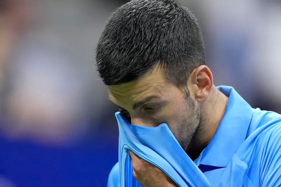 novak djokovic of serbia wipes his face during a third round match of us open against alexei popyrin of australia at flushing meadows new york united states on august 30 2024 photo reuters novak djokovic of serbia wipes his face during a third round match of us open against alexei popyrin of australia at flushing meadows new york united states on august 30 2024 photo reuters