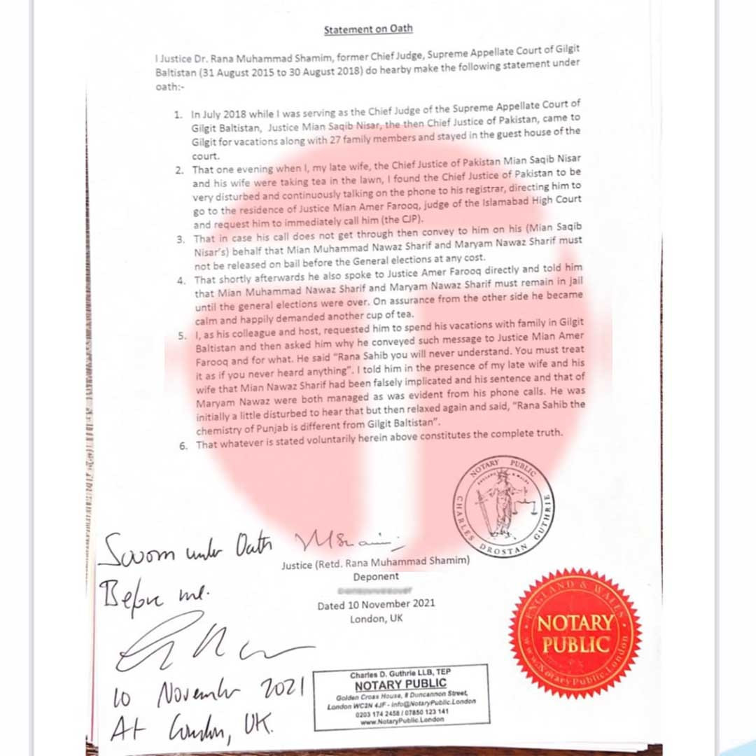 A copy of the affidavit signed by chief judge of the Supreme Appellate Court Gilgit-Baltistan Rana Muhammad Shameem available with The Express Tribune.