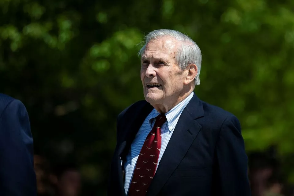 former us defense secretary donald rumsfeld looks on after former u s president george w bush placed a wreath during the 18th anniversary of september 11 attacks at the pentagon in arlington virginia us september 11 2019 photo reuters file former us defense secretary donald rumsfeld looks on after former u s president george w bush placed a wreath during the 18th anniversary of september 11 attacks at the pentagon in arlington virginia us september 11 2019 photo reuters file