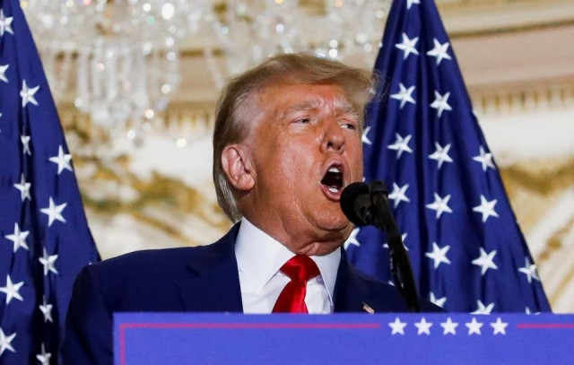 former us president donald trump delivers remarks on the day of his court appearance in new york after being indicted by a manhattan grand jury following a probe into hush money paid to porn star stormy daniels in palm beach florida us april 4 2023 photo reuters former us president donald trump delivers remarks on the day of his court appearance in new york after being indicted by a manhattan grand jury following a probe into hush money paid to porn star stormy daniels in palm beach florida us april 4 2023 photo reuters