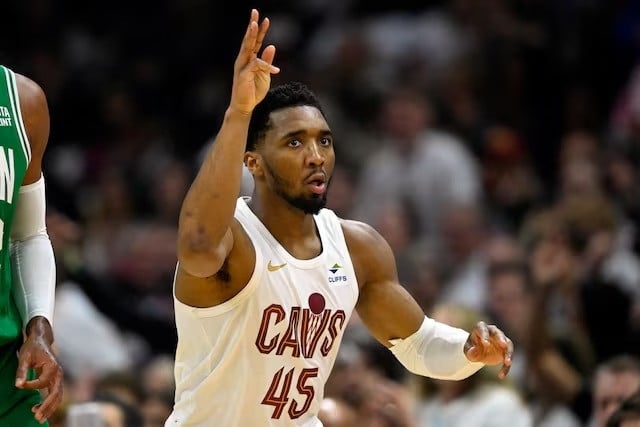 cleveland cavaliers guard donovan mitchell celebrates after a three point basket photo reuters