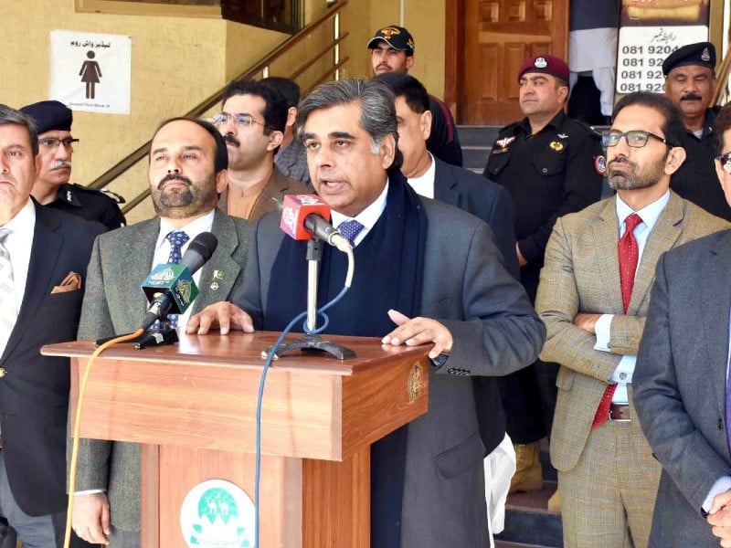 caretaker interior minister dr gohar ejaz addressing the media after chairing the meeting regarding smooth conduct of general elections in quetta on february 1 2024 photo pid