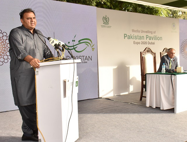 minister for information and broadcasting fawad chaudhry addressing the launching ceremony of pakistan s pavilion and logo for expo 2020 dubai held under the theme of the hidden treasure in karachi on june 21 2021 photo pid