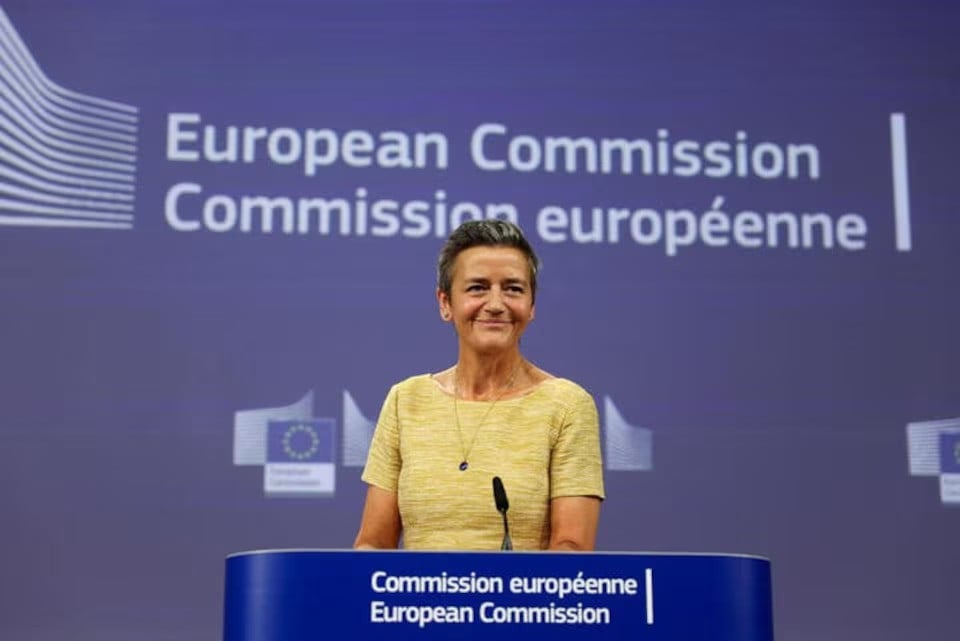 european union antitrust chief margrethe vestager holds a press conference after europe s top court ruling on apple s fight against an order by eu competition regulators to pay a record 13 billion euros in back taxes to ireland in brussels belgium on september 10 2024 photo reuters