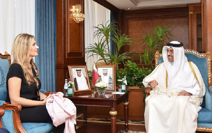 ali bin samikh al marri qatar s minister of labour speaks with greece s eva kaili vice president of the european parliament during a meeting in qatar october 31 2022 in this social media handout image photo reuters