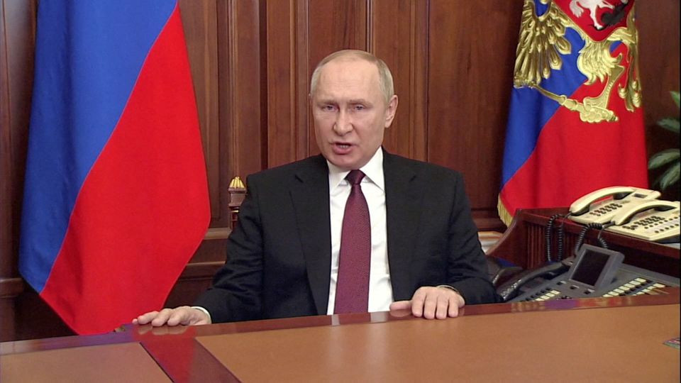 Russian President Vladimir Putin speaks about authorising a special military operation in Ukraine's Donbass region during a special televised address on Russian state TV, in Moscow, Russia, February 24, 2022, in this still image taken from video.  REUTERS