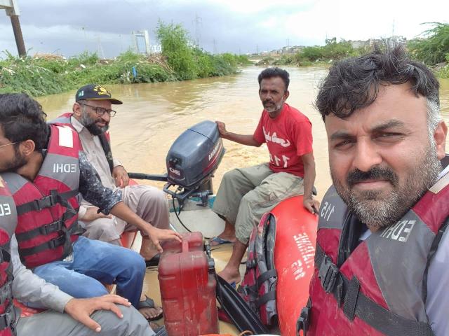 the edhi rescue boat while carrying out a search for eight drowned people in malir river in karachi photo express