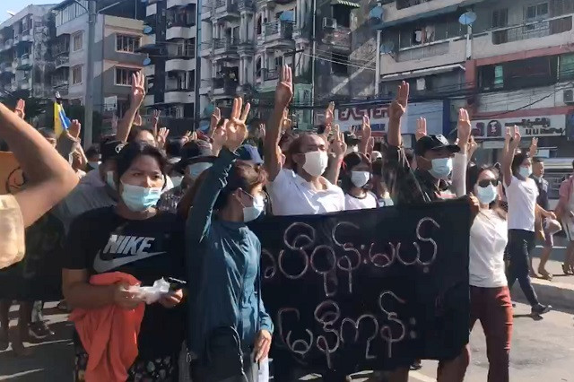 people protest in hlaing township yangon myanmar may 2 2021 in this still image from a video photo reuters