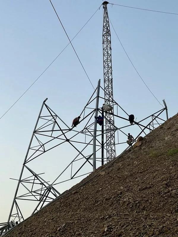 workers repair a high voltage electricity pylon in a flood hit area photo pm office workers repair a high voltage electricity pylon in a flood hit area photo pm office