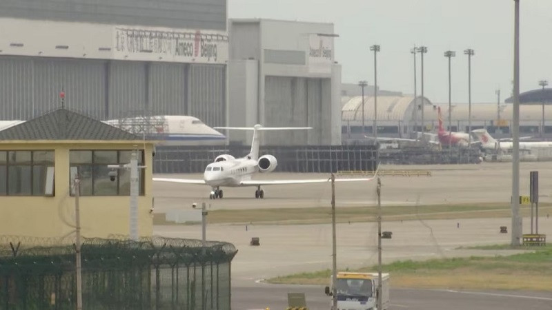 Elon Musk's private jet taxiing on the runway, at the airport in Beijing, April 28, 2024. PHOTO: REUTERS